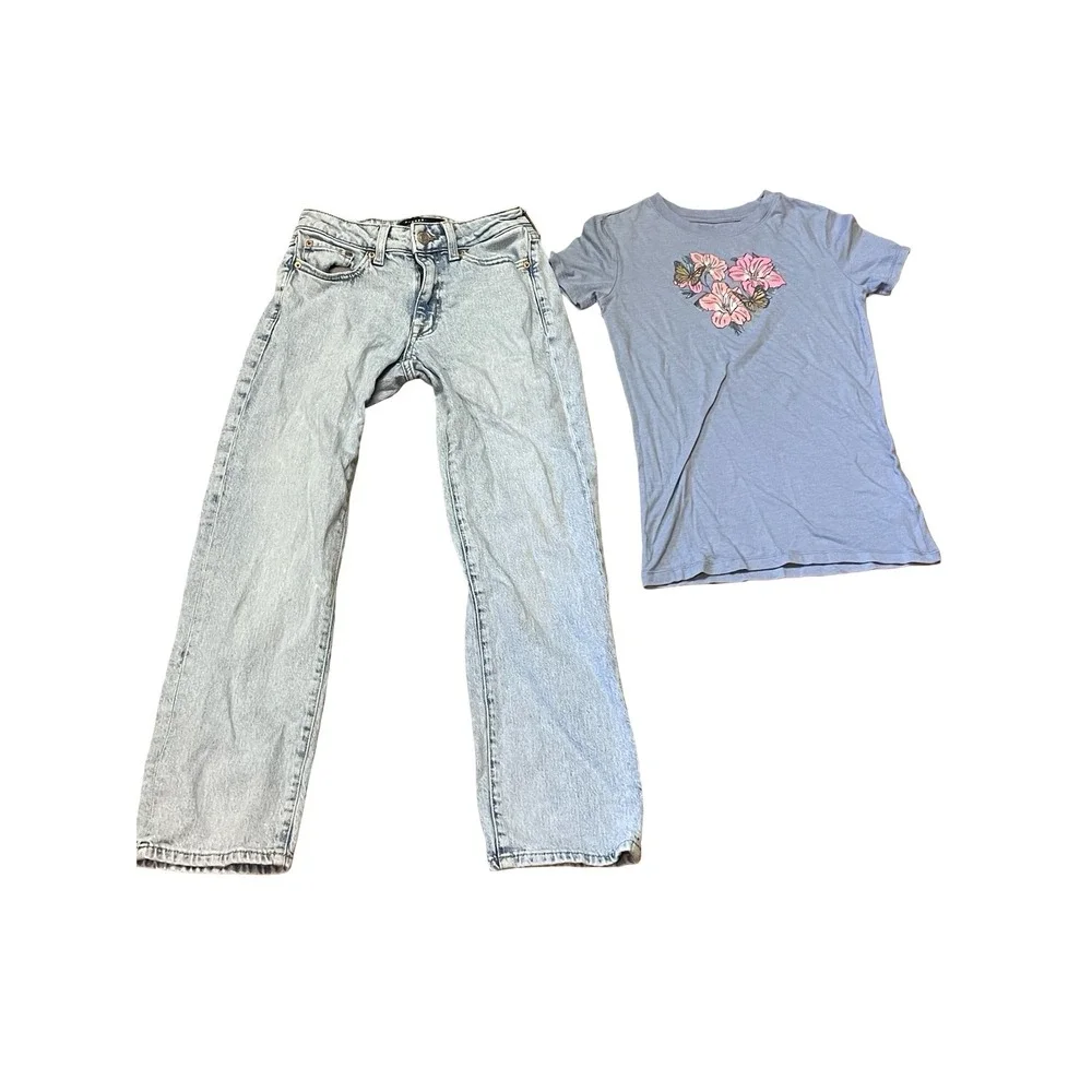 Aeropostale Girls 2pc Outfit Blue Floral Graphic Tee & Light Wash Straight Jeans