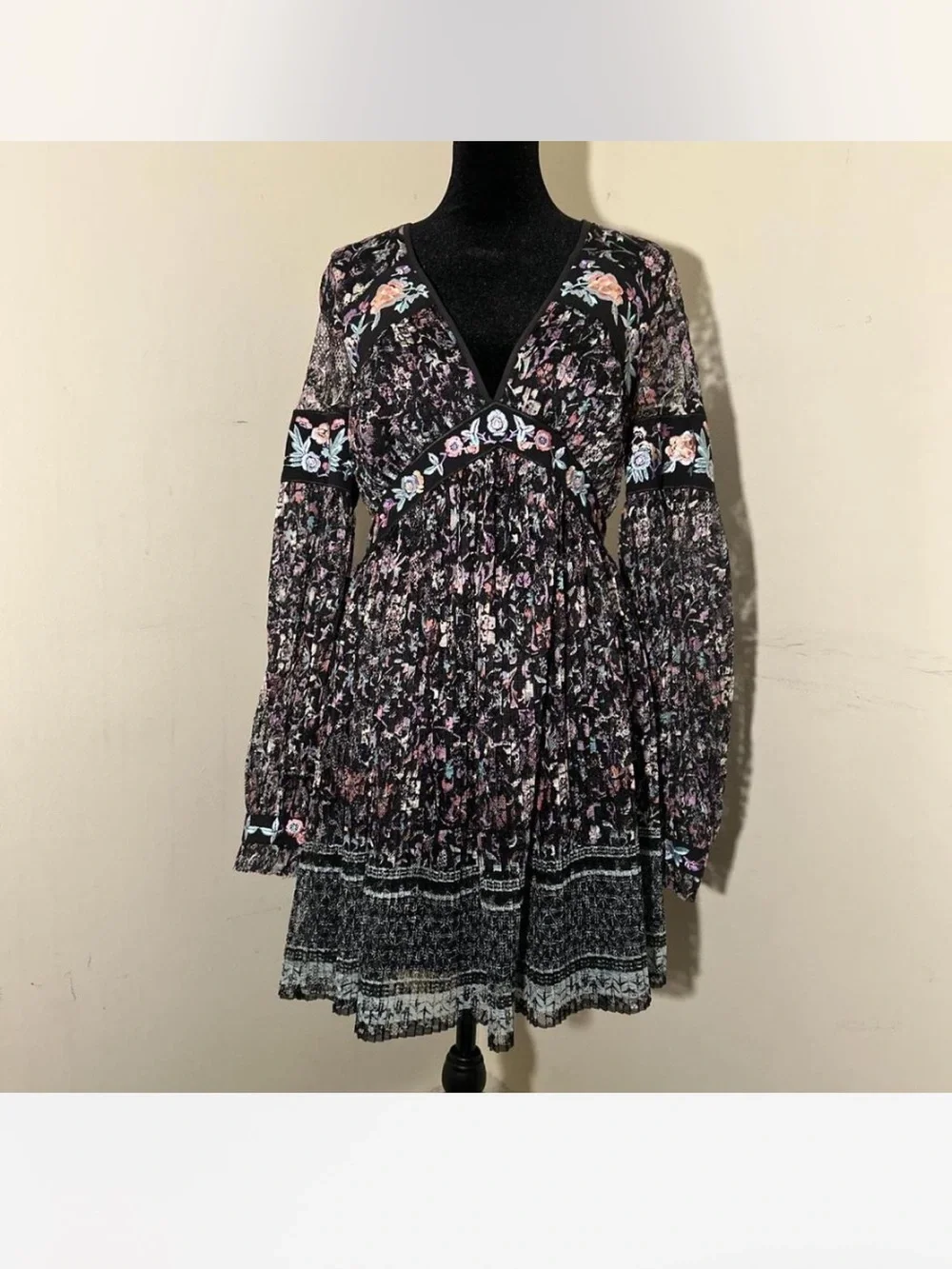 Free People Black Floral Embroidered Long Sleeve dress