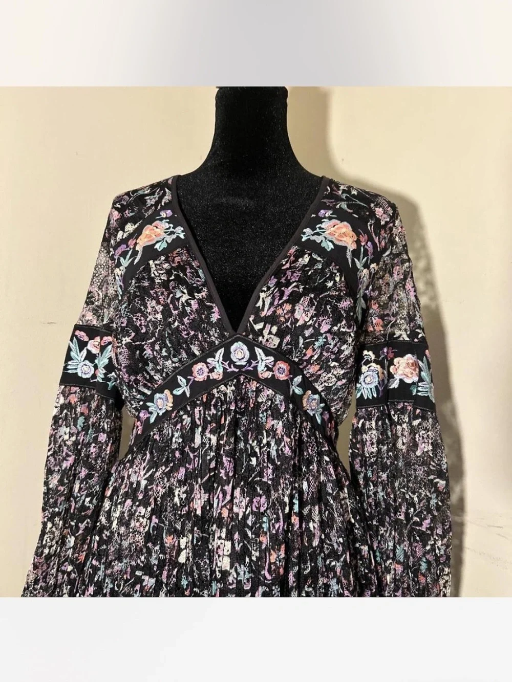 Free People Black Floral Embroidered Long Sleeve dress