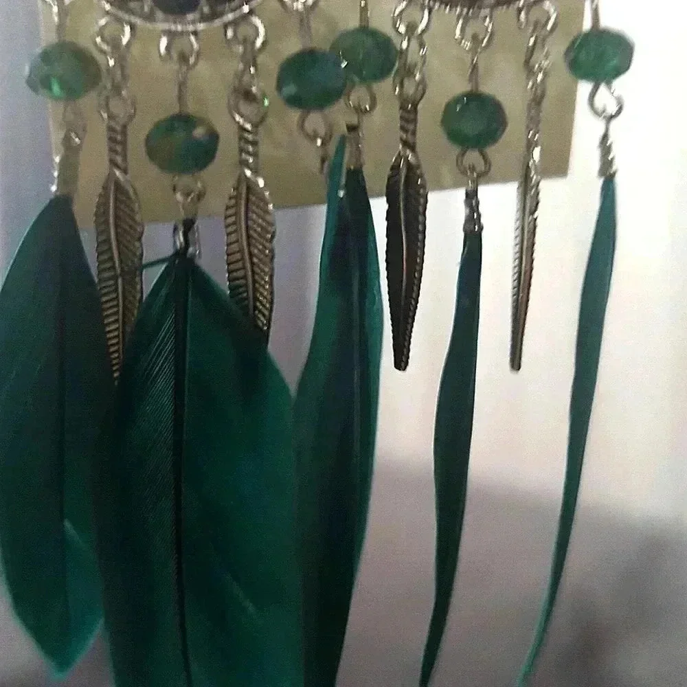 NWT Teal Feather Drop Earrings NIP