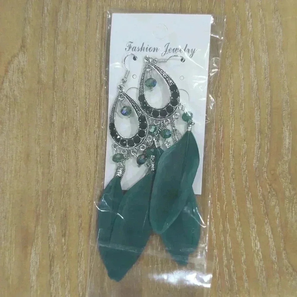 NWT Teal Feather Drop Earrings NIP