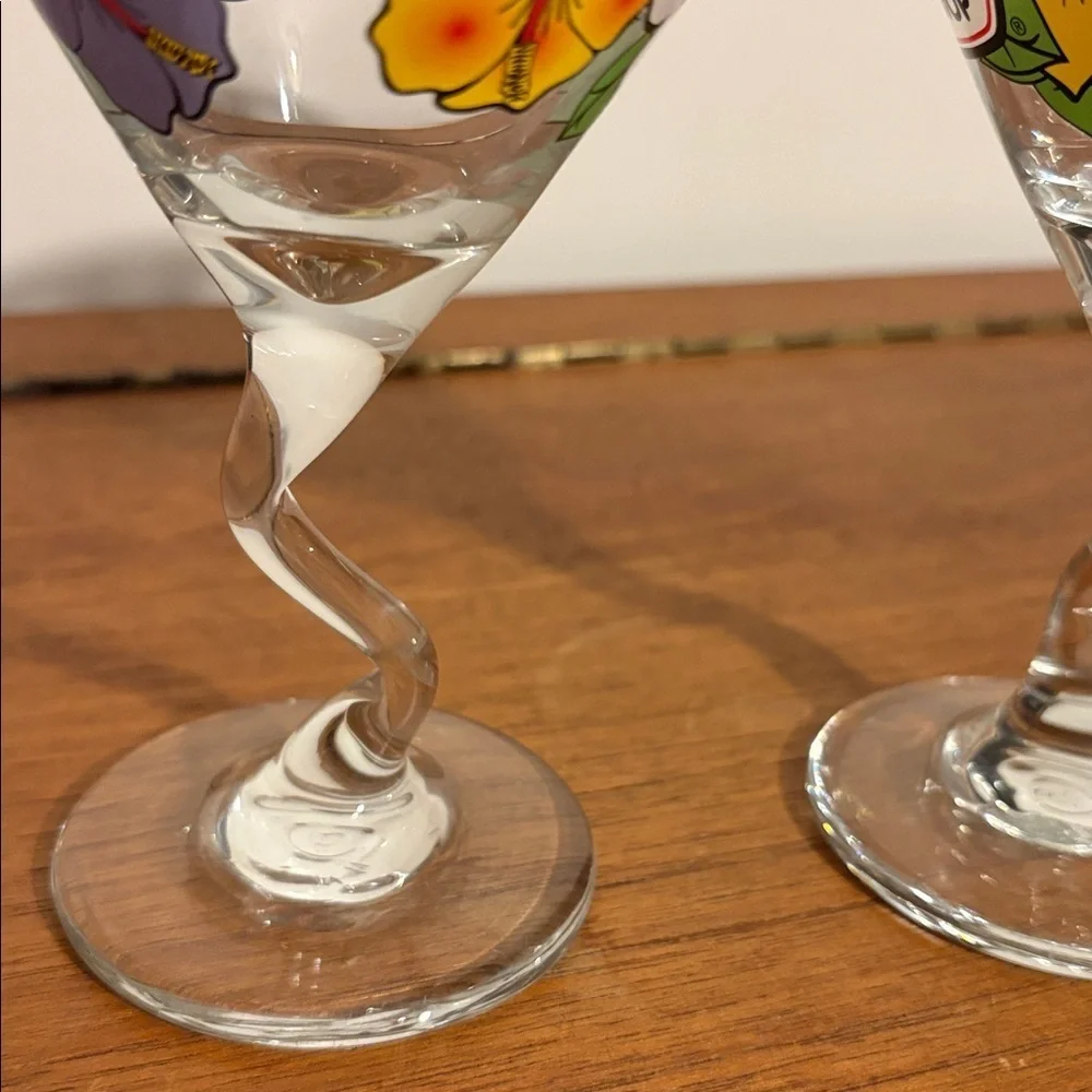 Y2K Era Ron Jon Surf Shop Retro Bent Stem Martini Glass 2 Matching Hibiscus Cute