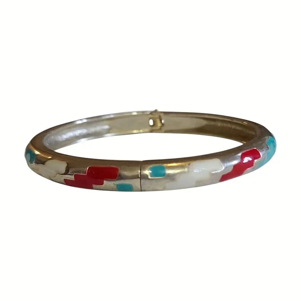 Vintage Silver Tone Hinged Enamel Bracelet Aztec Pattern