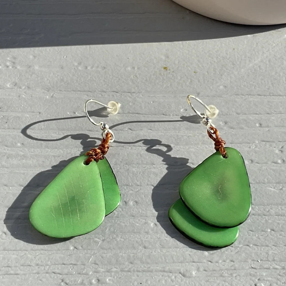 Dangle Earrings Vegetable Ivory Stone Green Handcrafted pierced 2” long
