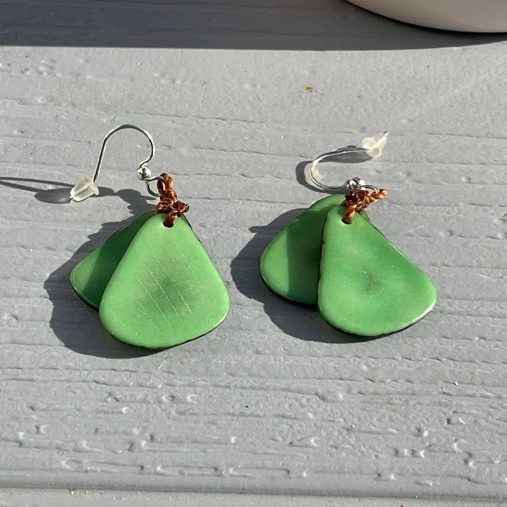 Dangle Earrings Vegetable Ivory Stone Green Handcrafted pierced 2” long