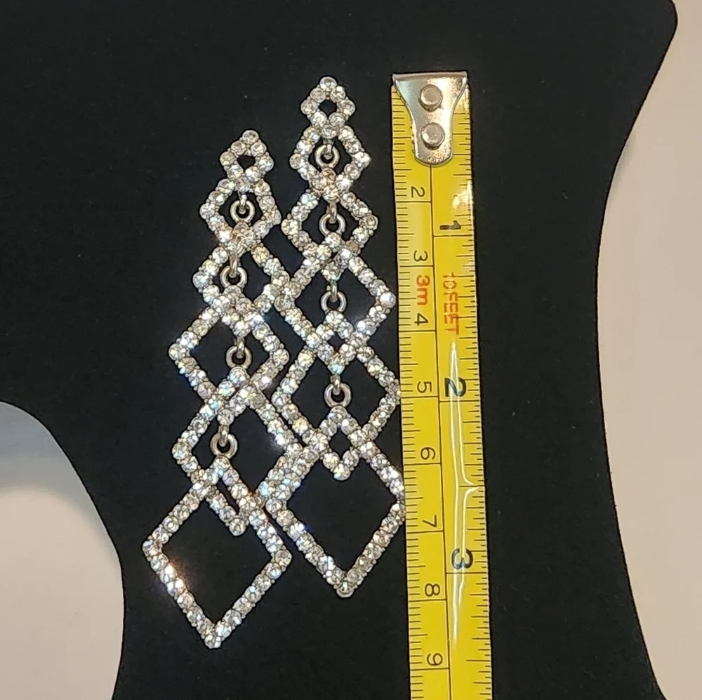 3” 2 Tier Diamond Shaped Rhinestone Dangle Earring Clear Silicone Back Stopper