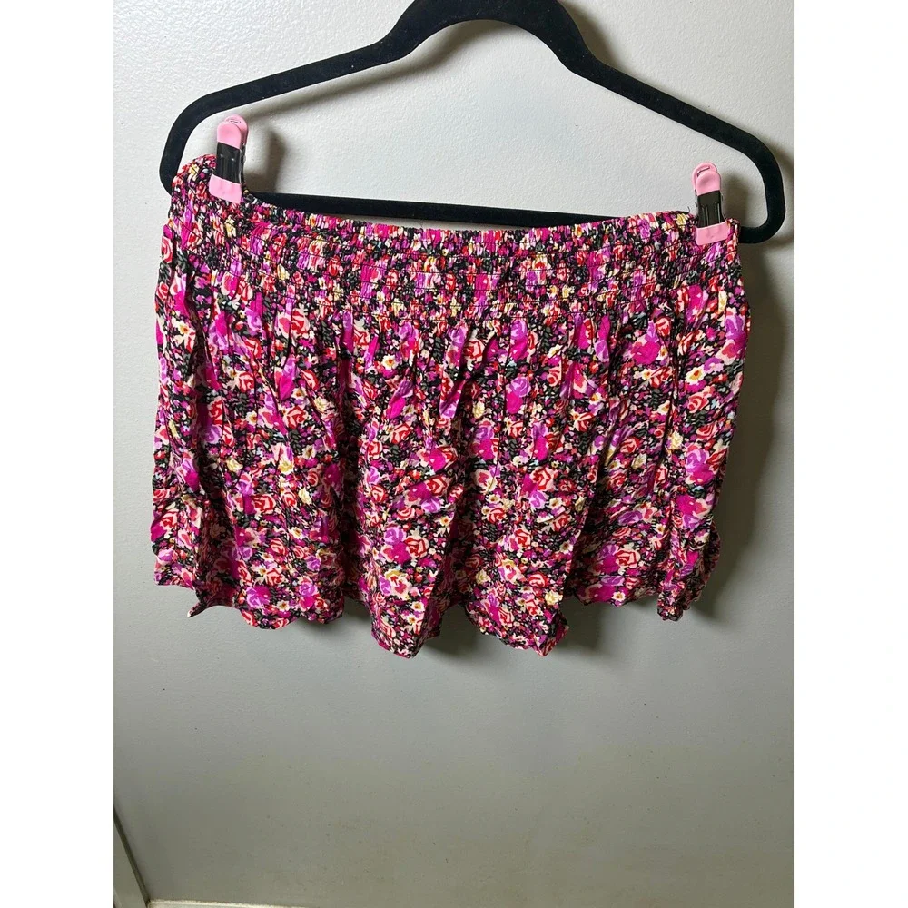 Express Floral Smocked Mini Skirt Pink Red Purple Rayon Pockets Large NWT