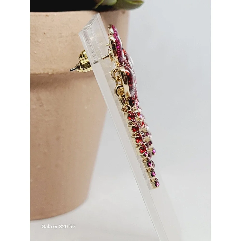 Red Pink Glitter Heart Balloon Drop Earrings Rhinestone Fringe Gold Tone Studs‎
