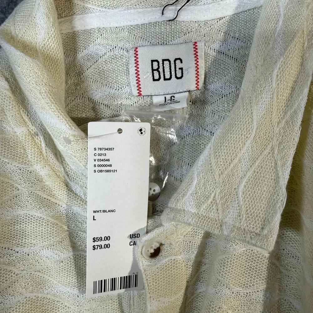 BDG Urban Outfitters Cream Wavy Diamond Knit Polo Long Sleeve Shirt Mens L‎