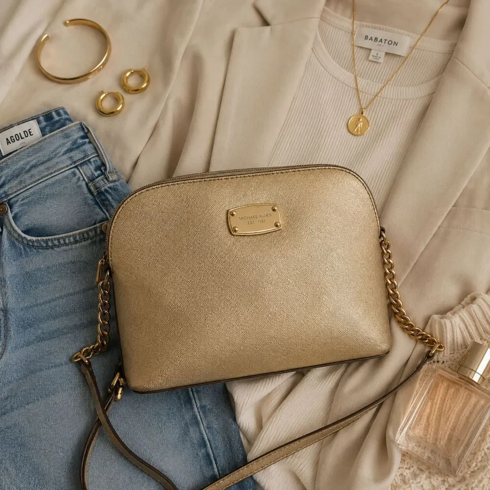 Michael Kors Cindy Dome Crossbody Pale Gold Saffiano Leather Bag Metallic