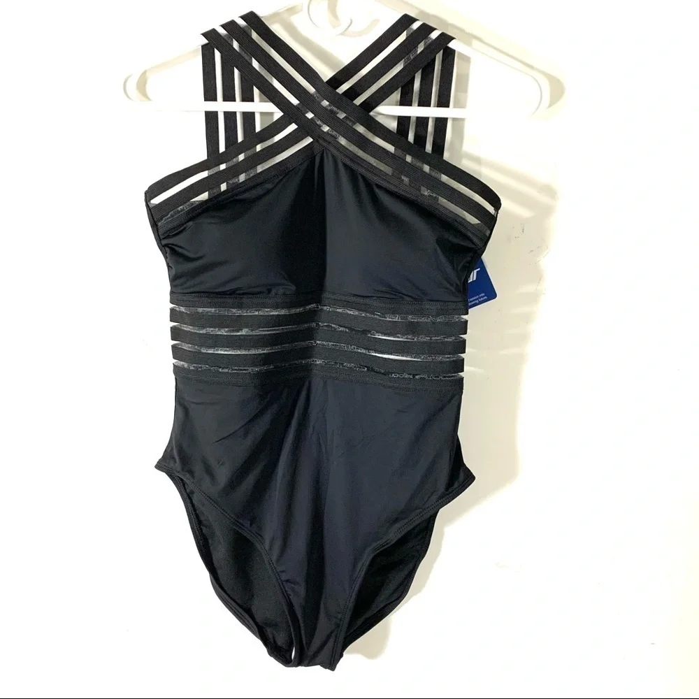 Hilor Black One Piece Crossover Tummy Control Swimsuit