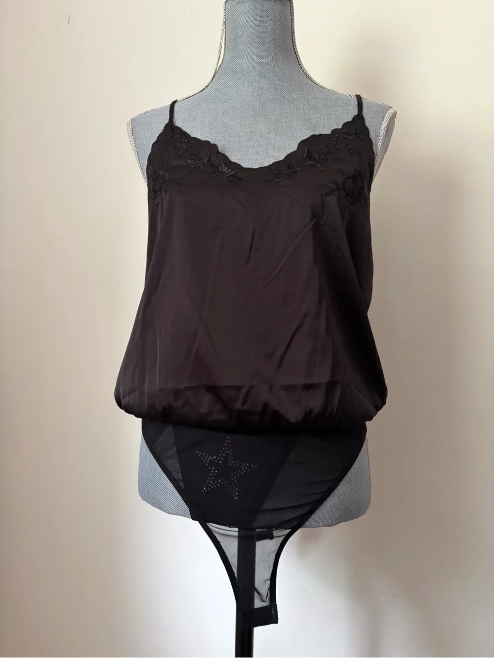 NWT entro Black Satin Lace-Trim Cami Bodysuit