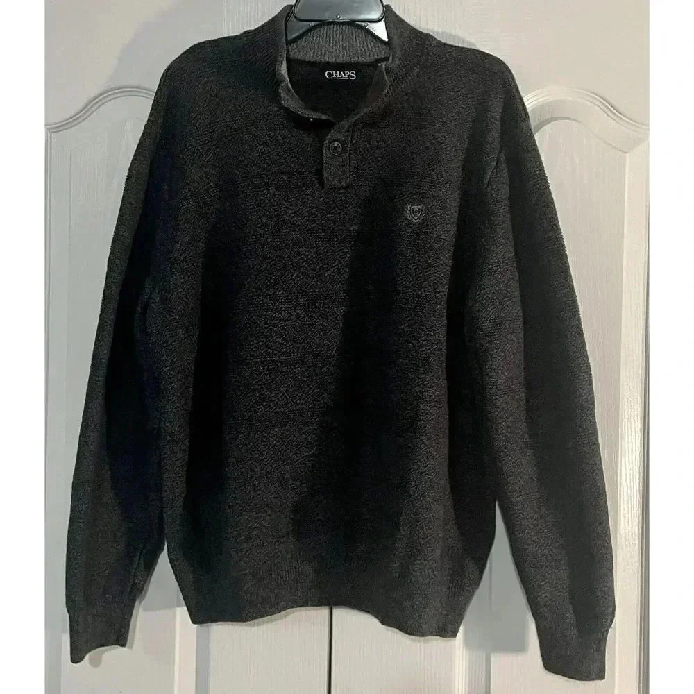 Chaps Twist‎ Mock Neck Dark Gray Sweater Men Size 2XL 100% Cotton 1/4 Button
