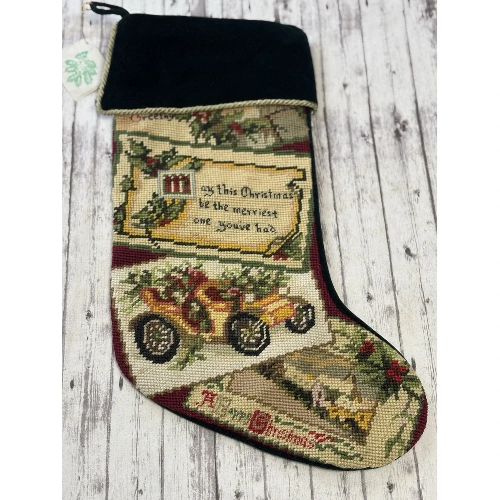 Vintage Needlepoint Hand Embroidered Christmas Stocking Wool Velvet Car 20