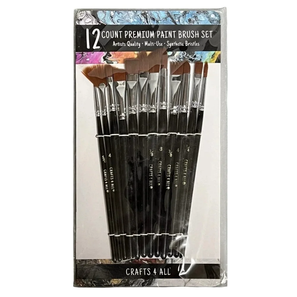 CRAFTS 4 ALL ~ 12 COUNT PREMIUM PAINT‎ BRUSH SET ~ Synthetic Bristles NEW SEALED