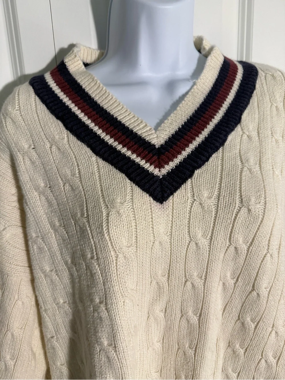 Classic Men's V-Neck Cable Knit Sweater in Cream with Navy & Maroon Trim