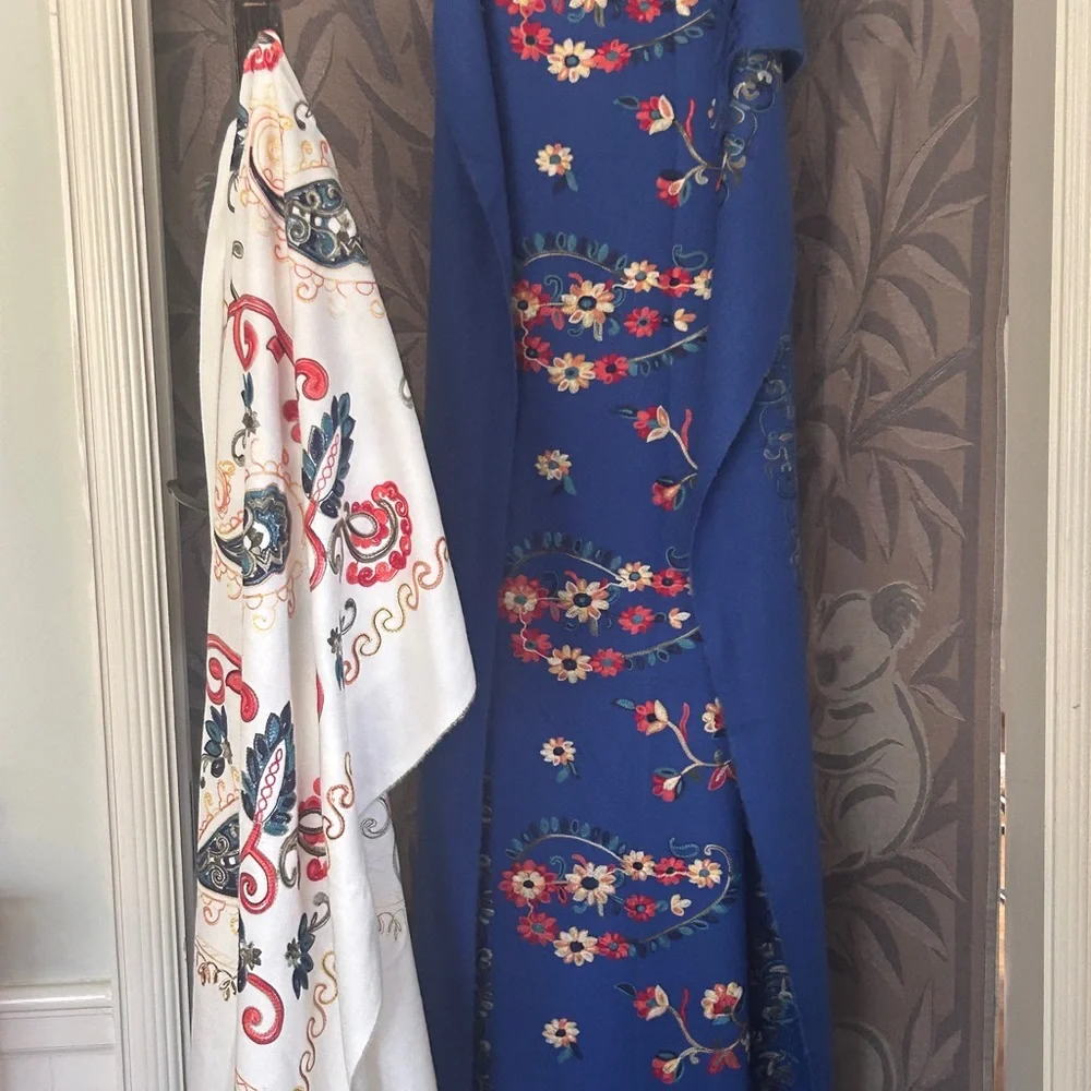 Jessica McClintock Otomi Embroidery Scarf Blue Fabric with Floral Paisley Design