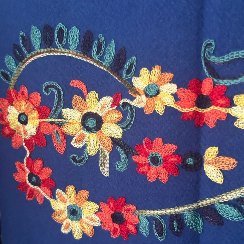 Jessica McClintock Otomi Embroidery Scarf Blue Fabric with Floral Paisley Design