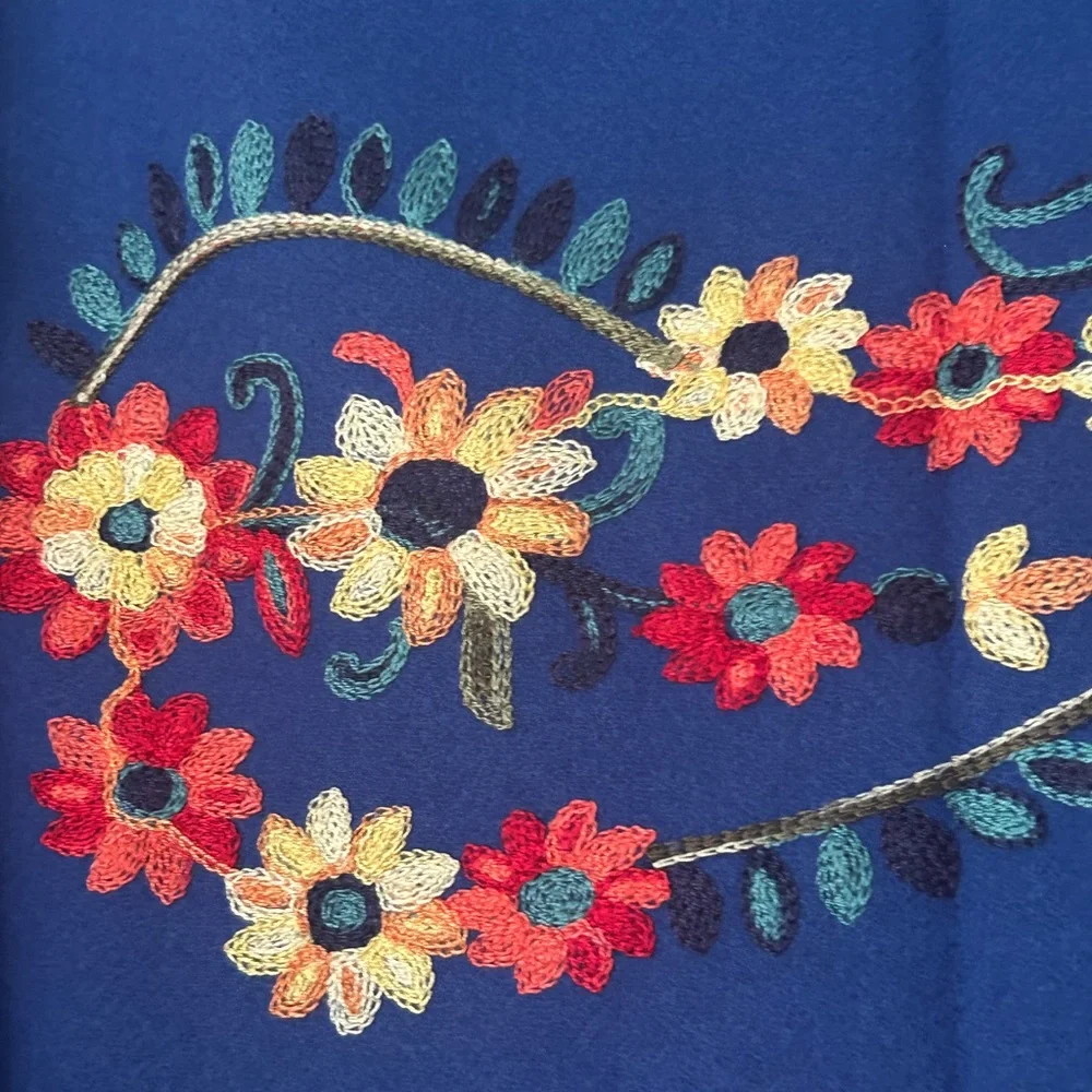 Jessica McClintock Otomi Embroidery Scarf Blue Fabric with Floral Paisley Design