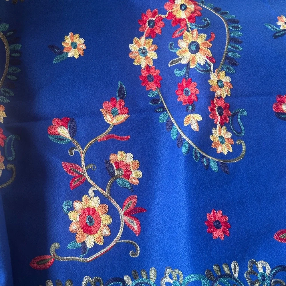 Jessica McClintock Otomi Embroidery Scarf Blue Fabric with Floral Paisley Design