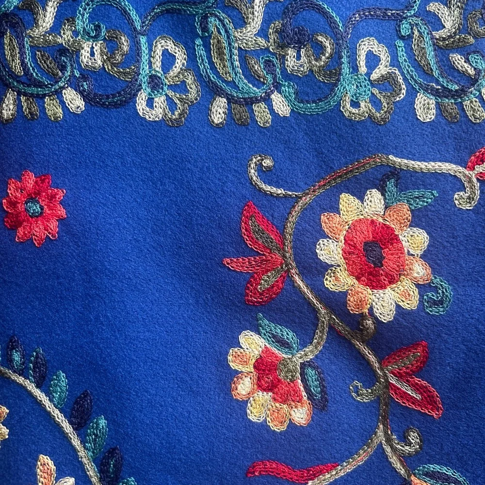 Jessica McClintock Otomi Embroidery Scarf Blue Fabric with Floral Paisley Design