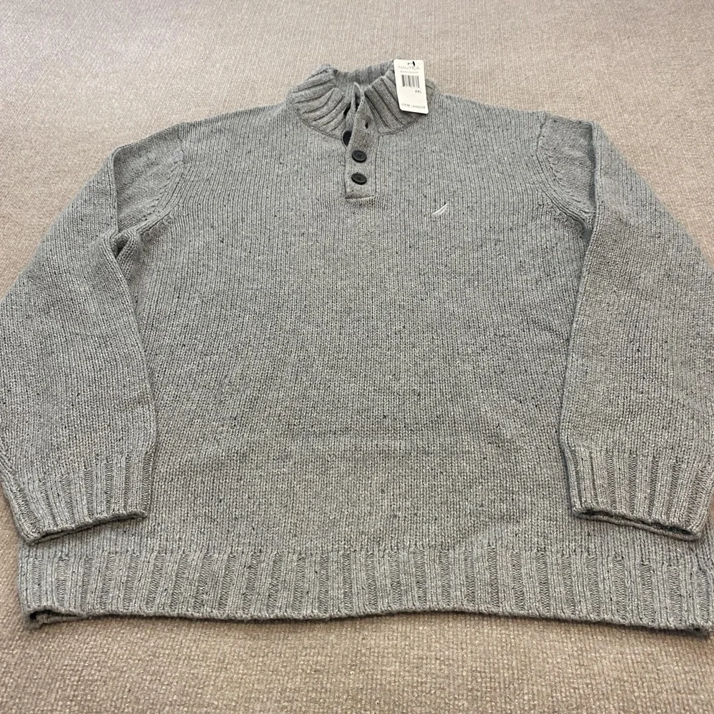 Nautica Sweater Mens 2XL Gray Mock‎ Neck Henley Button Knit Pullover Long Sleeve