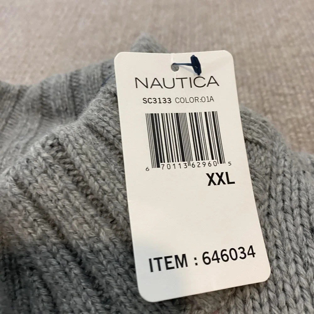 Nautica Sweater Mens 2XL Gray Mock‎ Neck Henley Button Knit Pullover Long Sleeve