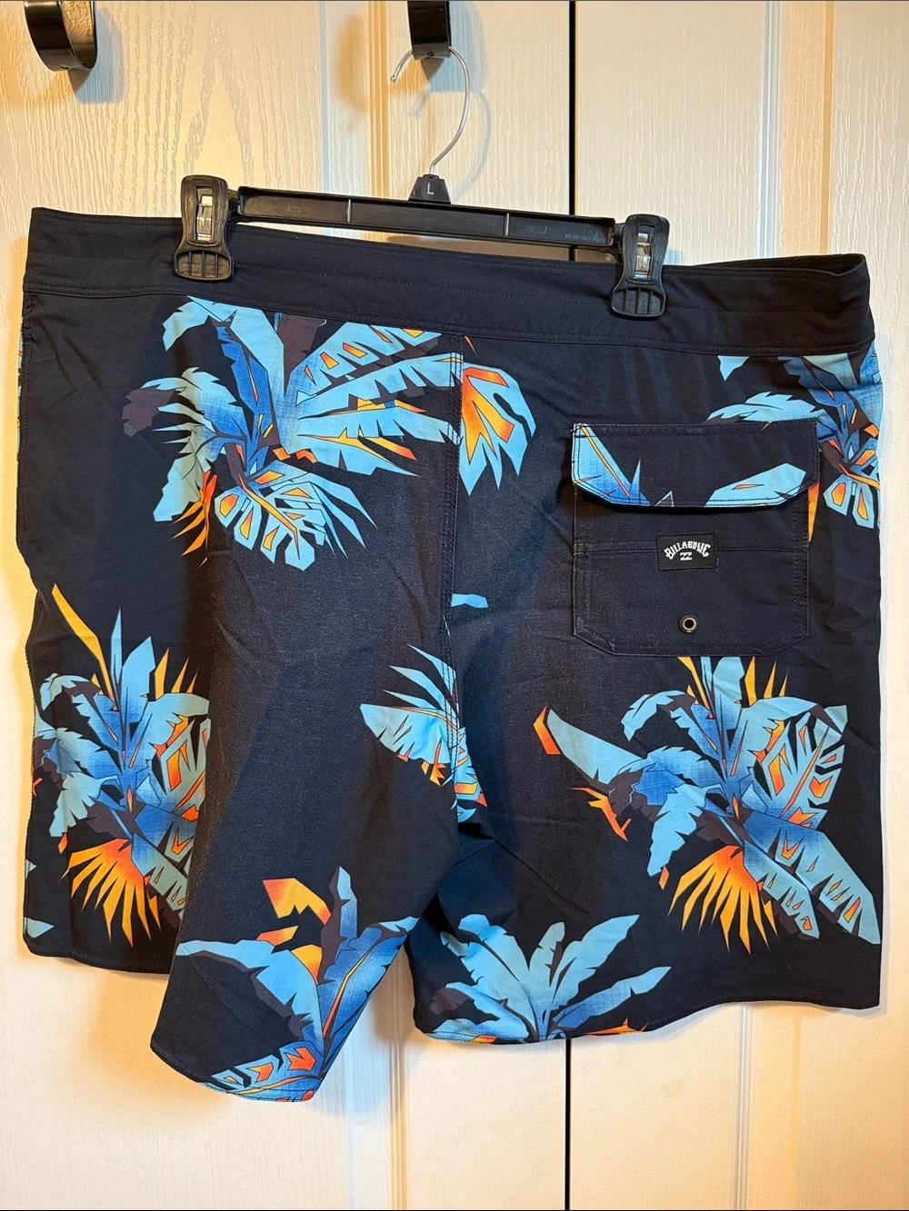 Billabong Men's Black Boardshorts with Blue & Orange Tropical Leaves