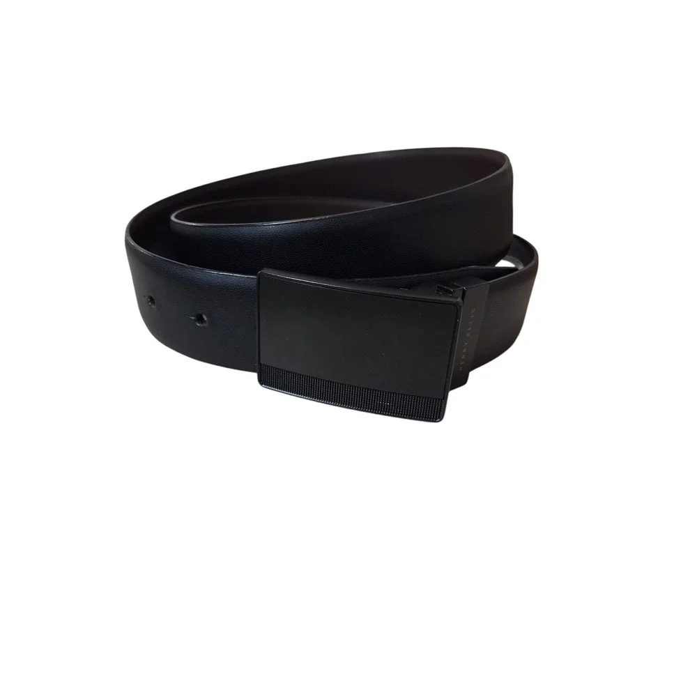 Perry Ellis Men's size 32 Reversible Leather Belt Black Pattern Plaque Career‎