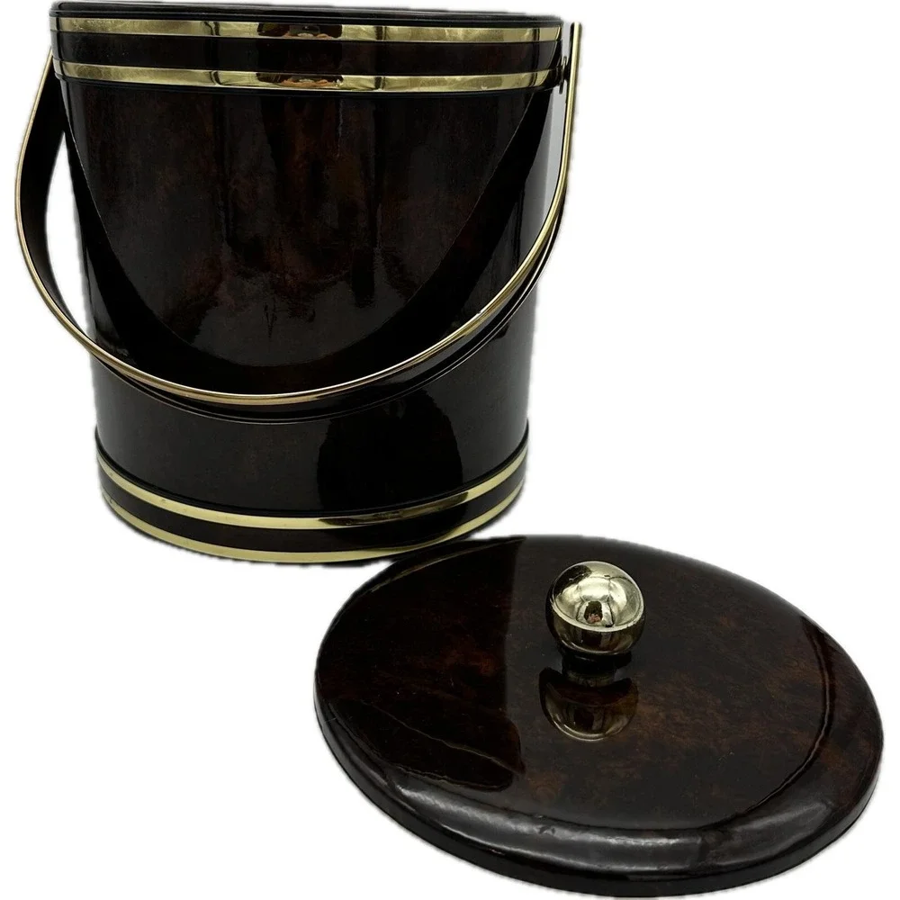 Vtg  MCM Faux Tortoise Shell Brown Marbled Vinyl Padded Ice Bucket‎ Handle Core
