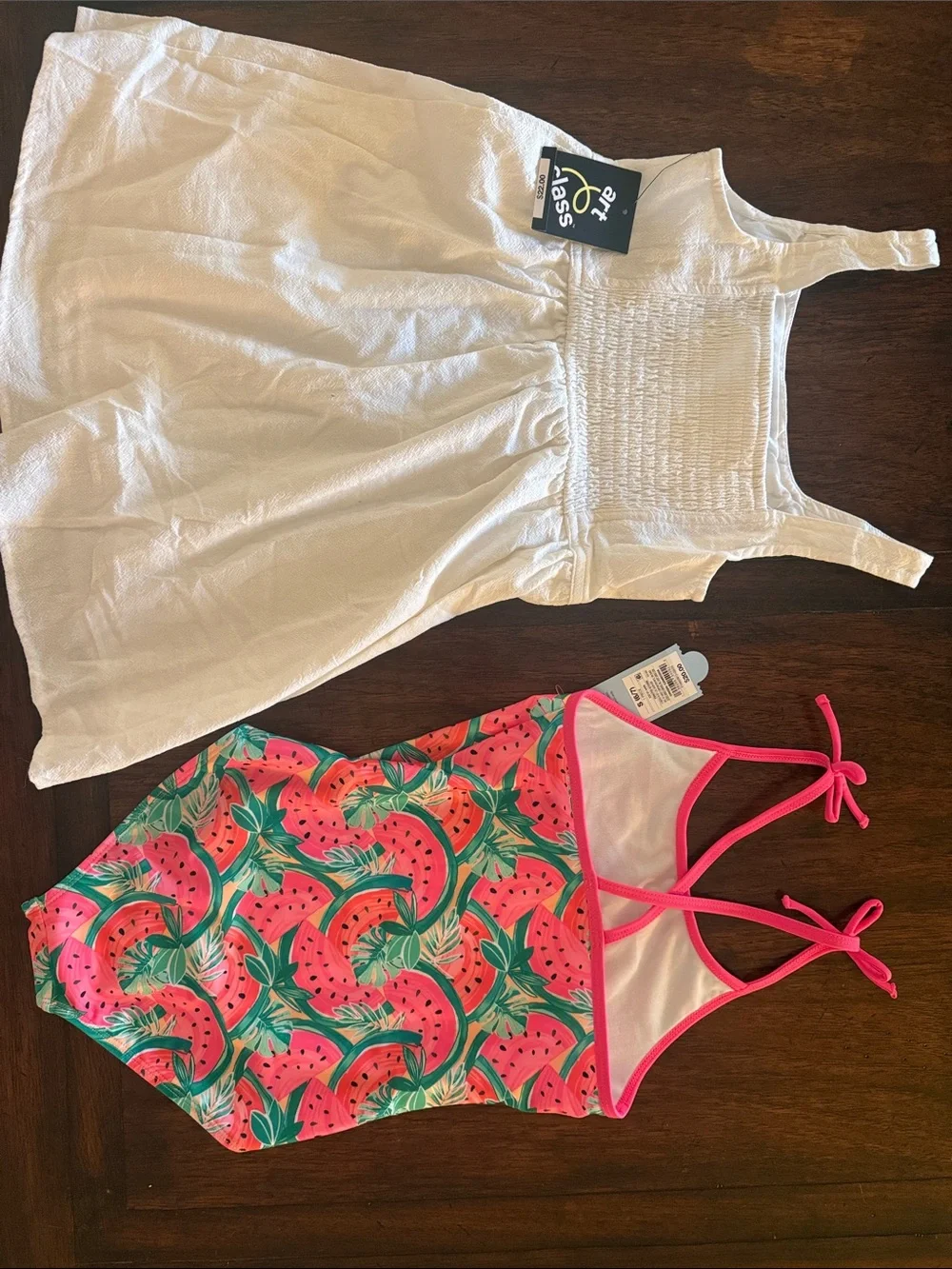 White Sundress & Pink Watermelon One-Piece Swimsuit Set- Size 6/7