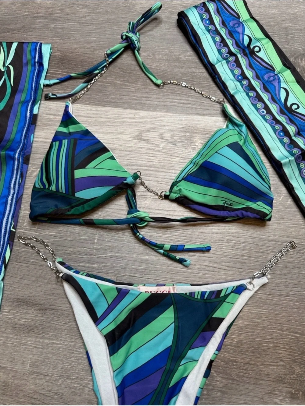 Emilio Pucci Blue & Green Printed Bikini with Matching Scarves