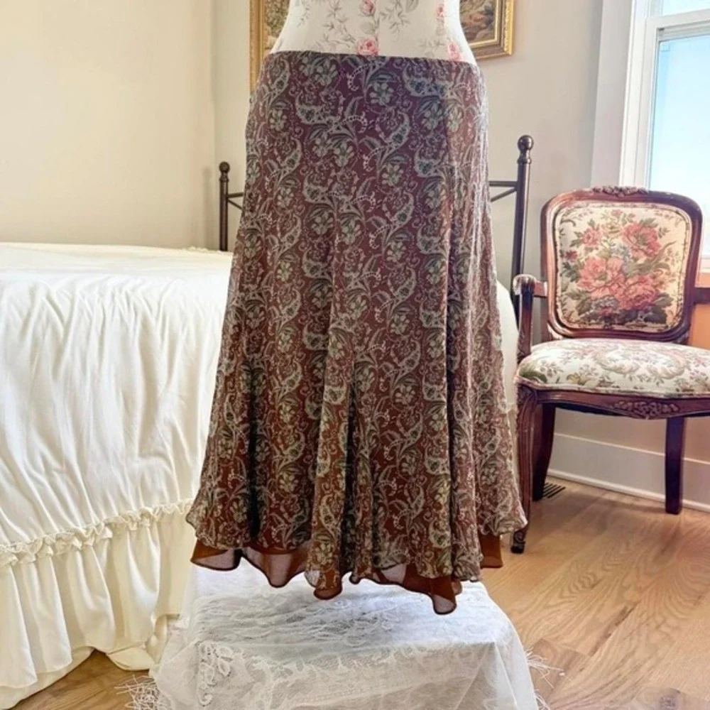 90s brown‎ and sage floral silk midi skirt charter club size 10