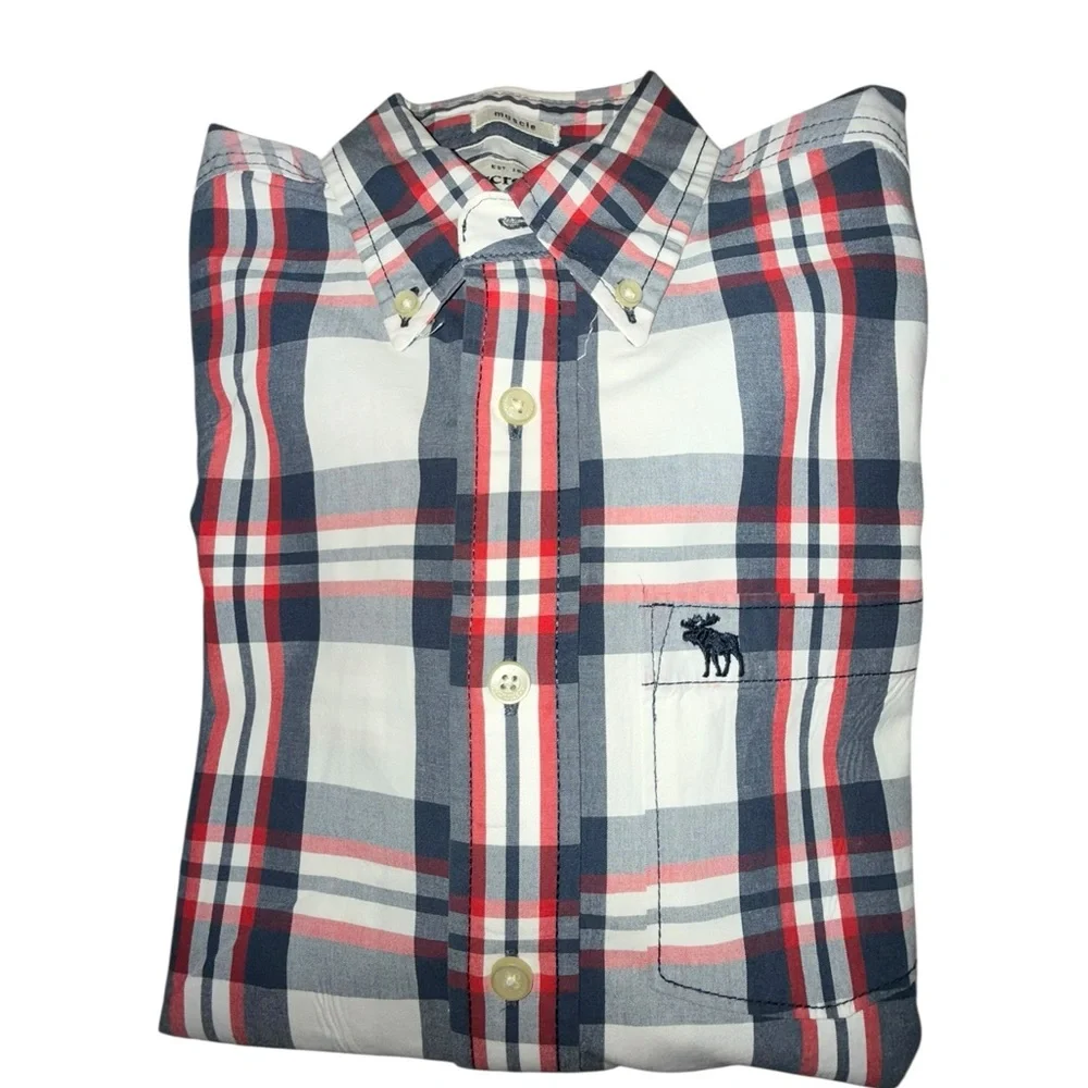 Abercrombie & Fitch Cotton Red White and Blue Button-Down Plaid Shirt Size XL