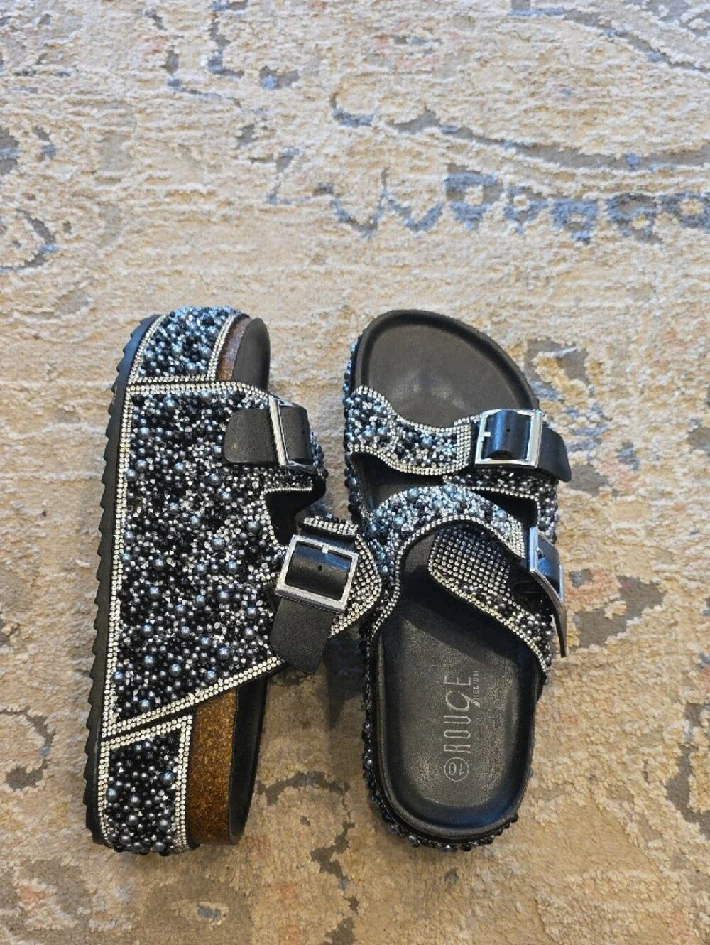 Rouge Helium Black Beaded Double-Buckle Platform Sandals