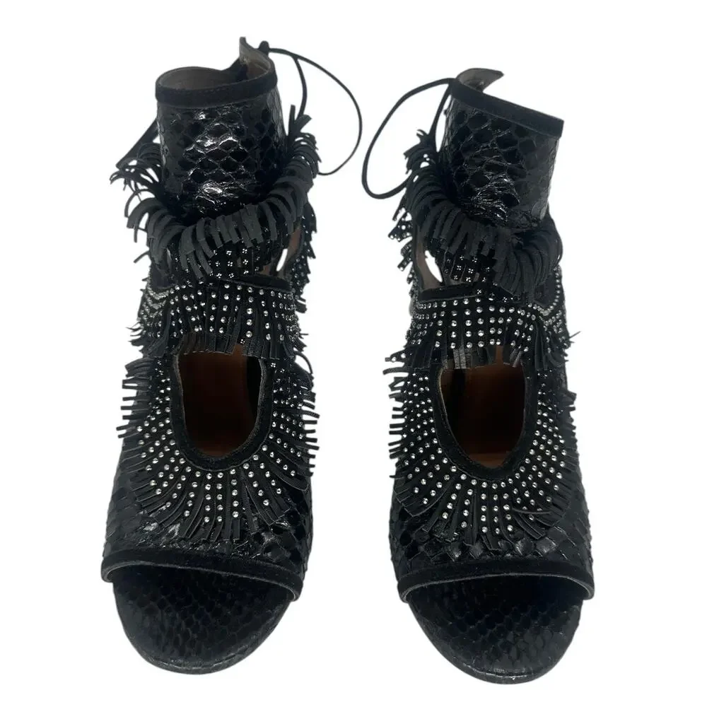Aquazzura Sexy Thing Black Python Studded Fringe Stiletto Sandals Women's 38.5