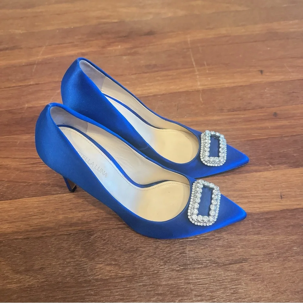 Stella Luna Blue Satin Crystal Buckle Pointed Toe Pumps 10cm Heel 37 Wedding