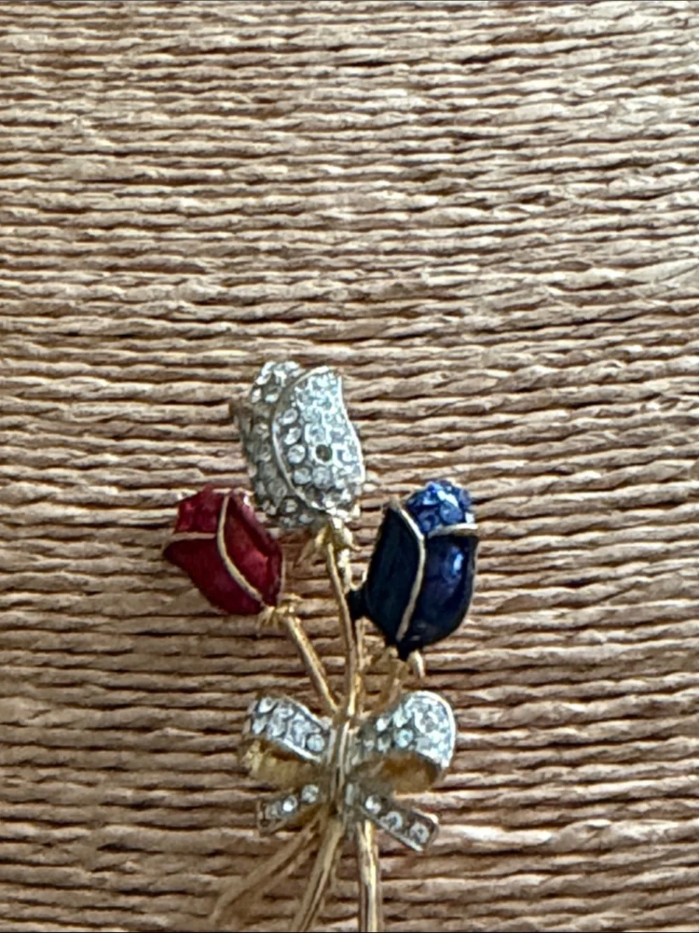 Red white and blue crystal roses bouquet with a pave crystal bow brooch