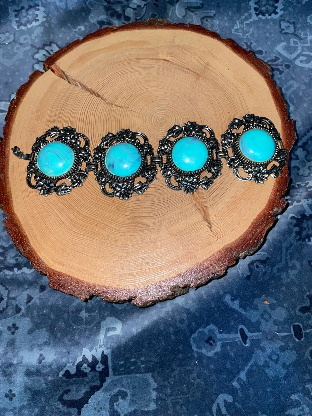 Vintage 1950s Southwestern Style Faux Turquoise Filigree Panel Link Bracelet