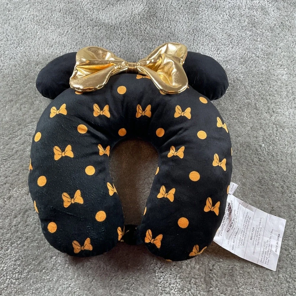 Disney Minnie Mouse Travel Pillow U Shape Black Gold Polka Dot Bow‎ Neck Rest