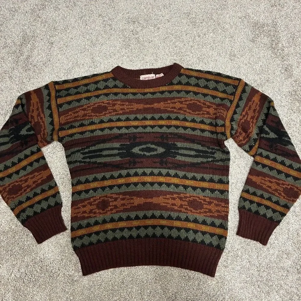 Vintage Campus Grandpa Sweater Men’s Medium - Green Brown Aztec Geometric 80s
