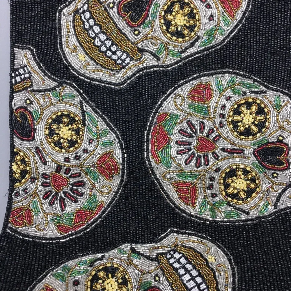 Nicole Miller Beaded Sugar Skull Heart Roses Table Runner Halloween Centerpiece