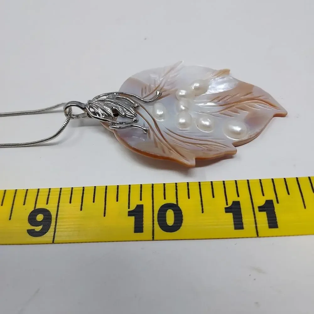 Blister Pearls Etched Mother of Pearl Pendant Silver Tone Decorative Bail Chain
