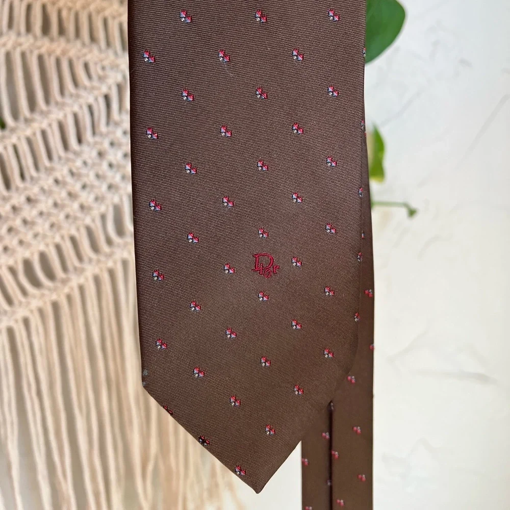 Christian Dior Vintage Silk Blend Tie Brown Print Classic Width Designer Necktie