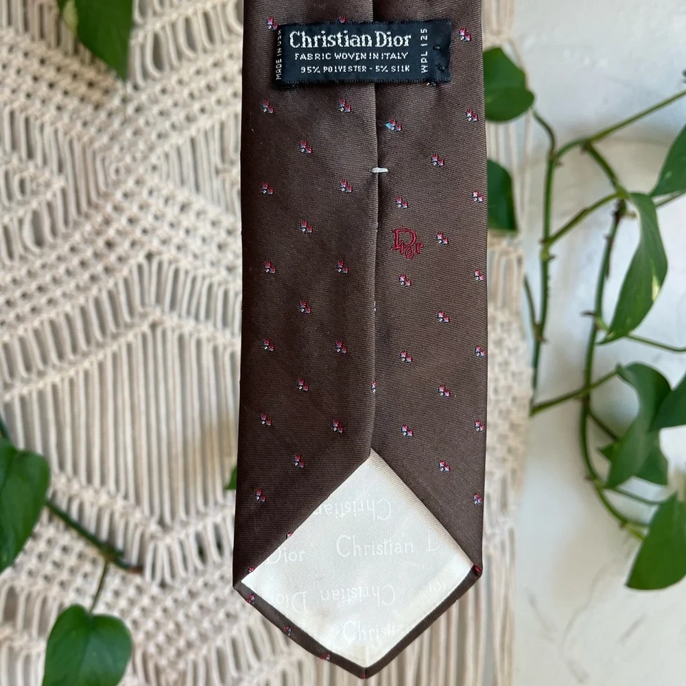 Christian Dior Vintage Silk Blend Tie Brown Print Classic Width Designer Necktie