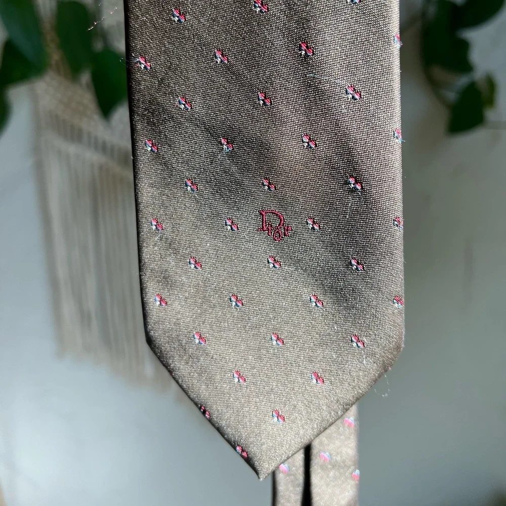 Christian Dior Vintage Silk Blend Tie Brown Print Classic Width Designer Necktie