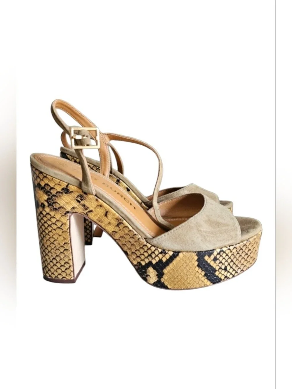Tory Burch‎ Tan Suede Snake Print Platform Heels Sandals Statement Shoes Sz 7.5