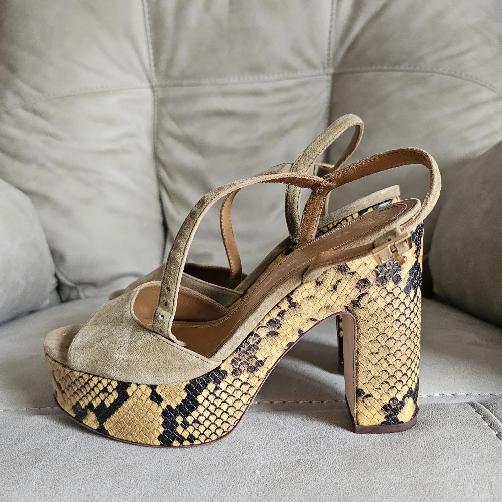 Tory Burch‎ Tan Suede Snake Print Platform Heels Sandals Statement Shoes Sz 7.5