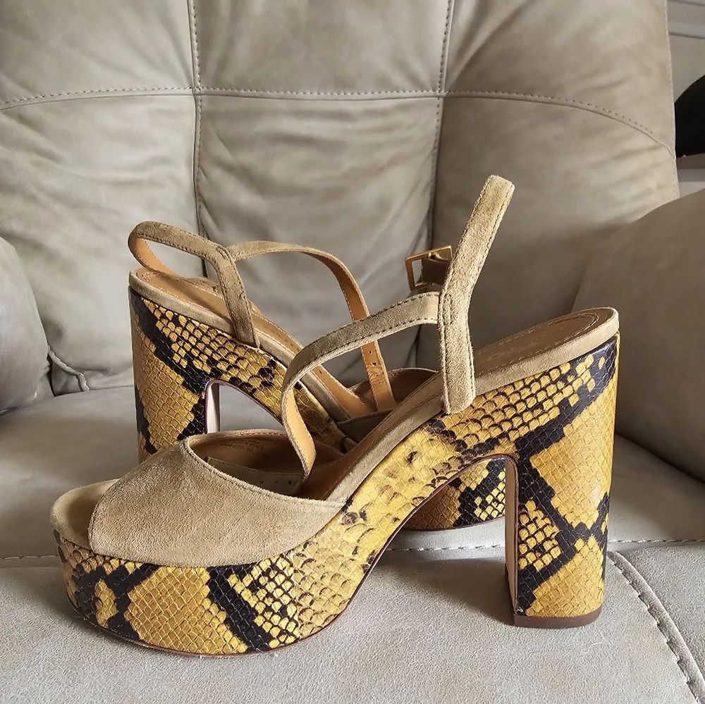 Tory Burch‎ Tan Suede Snake Print Platform Heels Sandals Statement Shoes Sz 7.5