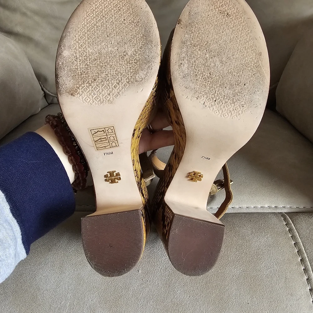 Tory Burch‎ Tan Suede Snake Print Platform Heels Sandals Statement Shoes Sz 7.5